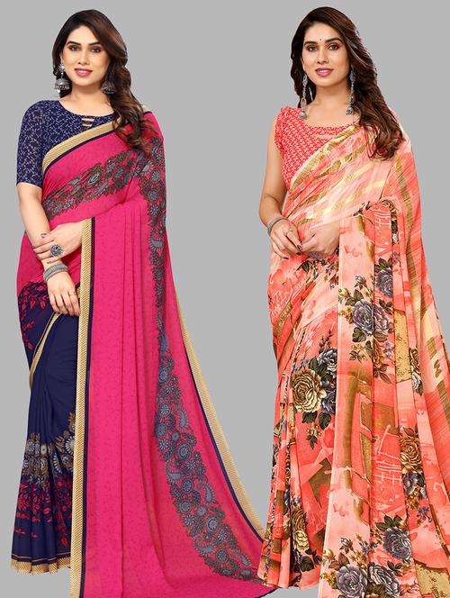 pack of 2 printed casual wear sarees with blouse - 21440667 - Very Small Image - 1