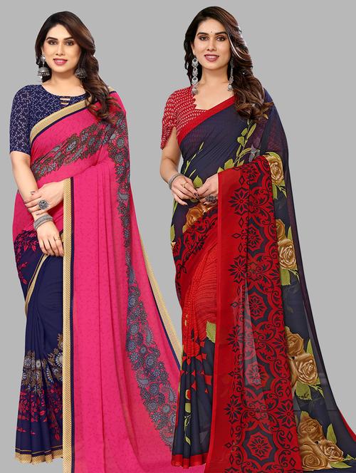 pack of 2 printed casual wear sarees with blouse - 21440700 - Very Small Image - 1
