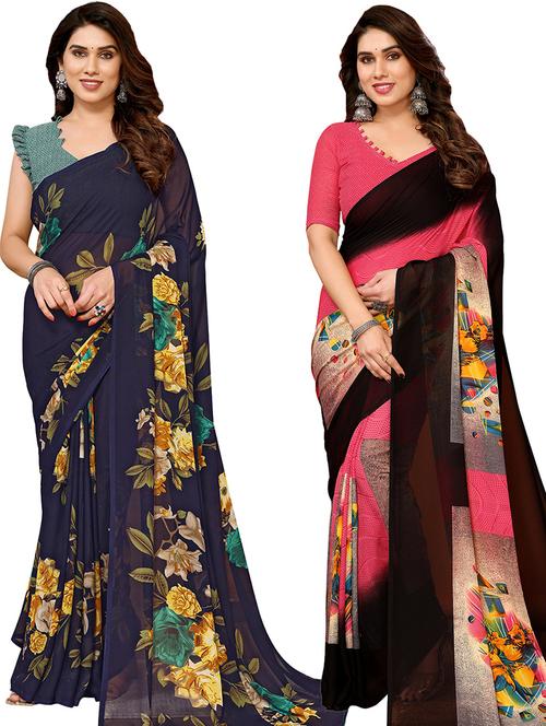 pack of 2 printed casual wear sarees with blouse - 21440776 - Very Small Image - 1