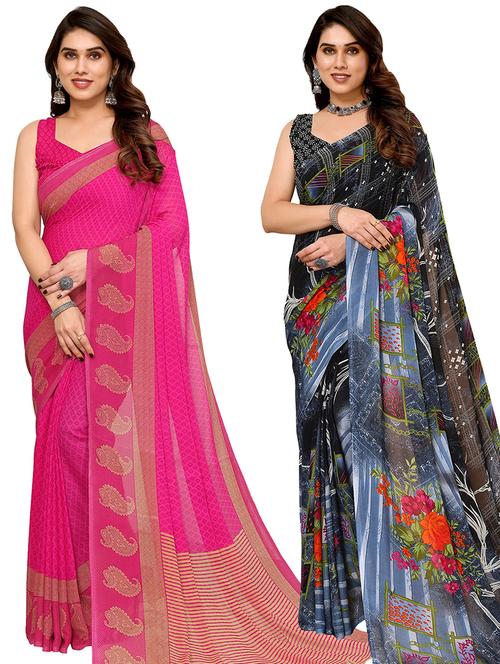 pack of 2 printed casual wear sarees with blouse - 21440830 - Very Small Image - 1