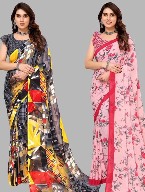 pack of 2 printed casual wear sarees with blouse - 21440840 - Very Small Image - 1