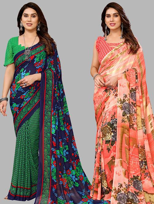 pack of 2 printed sarees with blouse - 21440962 - Very Small Image - 1