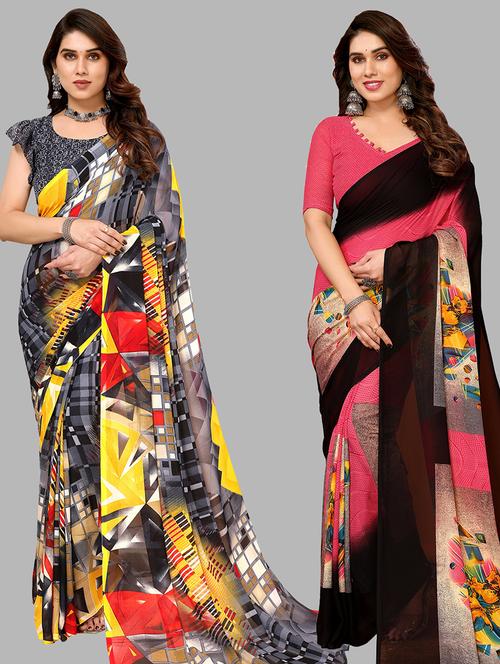 women pack of 2 printed casual sarees with blouse - 21441025 - Very Small Image - 1