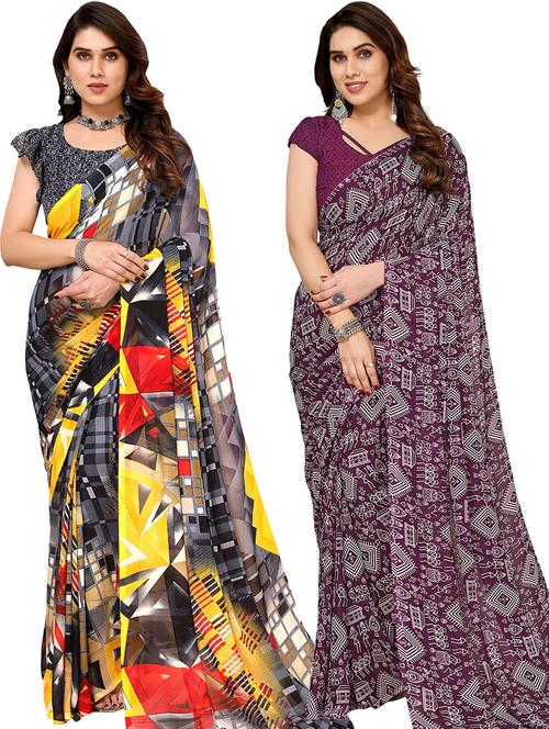 pack of 2 printed sarees with blouse - 21441066 - Very Small Image - 1