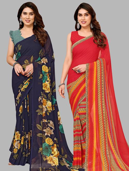 pack of 2 printed casual wear sarees with blouse - 21441230 - Very Small Image - 1