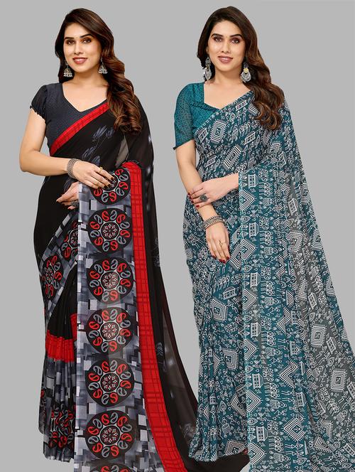 pack of 2 printed casual wear sarees with blouse - 21441284 - Very Small Image - 1