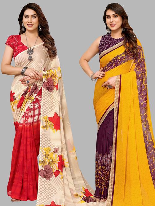 pack of 2 printed casual wear sarees with blouse - 21441333 - Very Small Image - 1