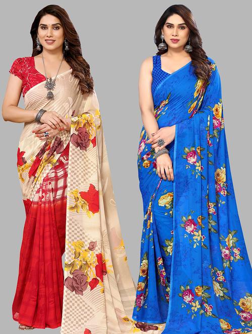 pack of 2 printed casual wear sarees with blouse - 21441339 - Very Small Image - 1