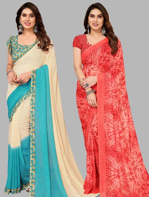 pack of 2 printed casual wear sarees with blouse - 21441346 - Very Small Image - 1