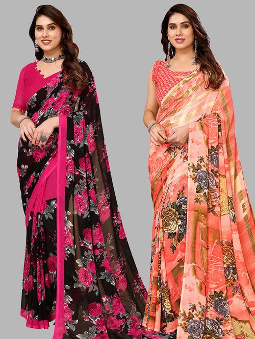 pack of 2 printed casual wear sarees with blouse - 21441397 - Very Small Image - 1