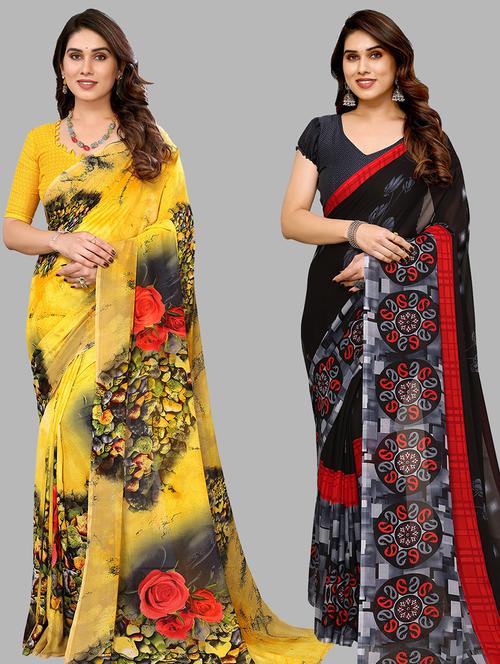 pack of 2 printed casual wear sarees with blouse - 21441410 - Very Small Image - 1