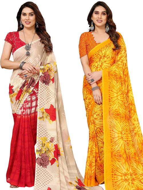pack of 2 printed casual wear sarees with blouse - 21441454 - Very Small Image - 1