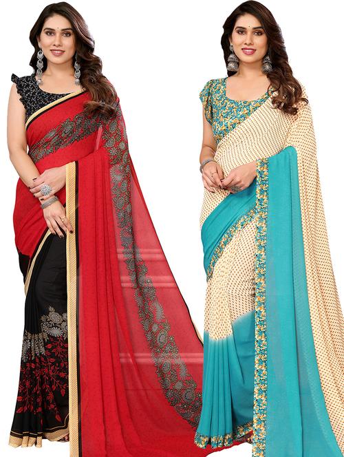 pack of 2 printed casual wear sarees with blouse - 21441455 - Very Small Image - 1