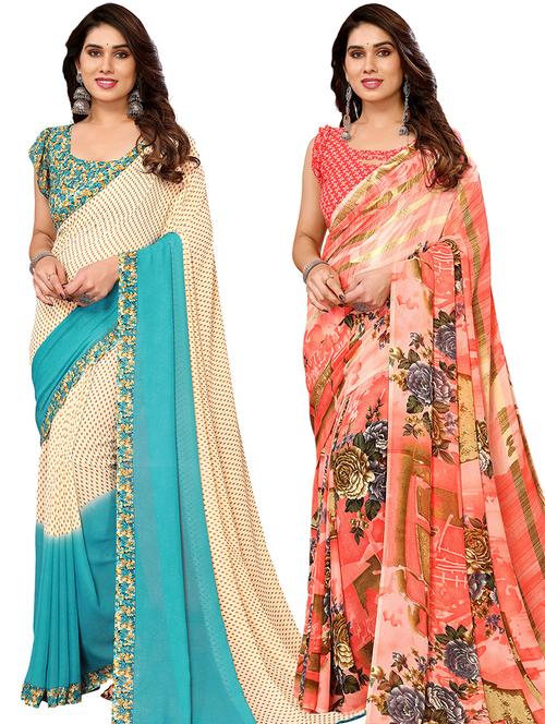 pack of 2 printed casual wear sarees with blouse - 21441461 - Very Small Image - 1