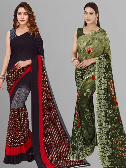 pack of 2 printed casual wear sarees with blouse - 21444722 - Very Small Image - 1