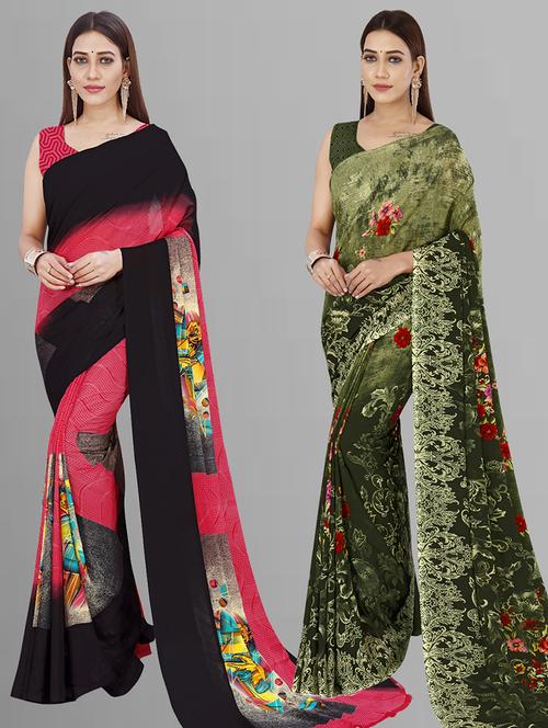 pack of 2 printed casual wear sarees with blouse - 21444724 - Very Small Image - 1
