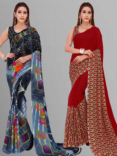 pack of 2 printed casual wear sarees with blouse - 21444830 - Very Small Image - 1