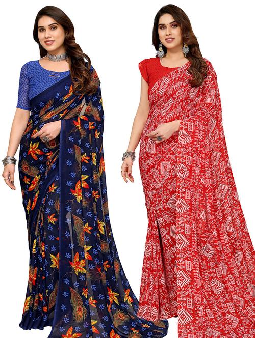 pack of 2 printed casual wear sarees with blouse - 21444989 - Very Small Image - 1