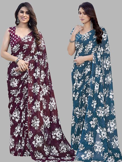 pack of 2 printed casual wear saree with blouse - 21445017 - Very Small Image - 1