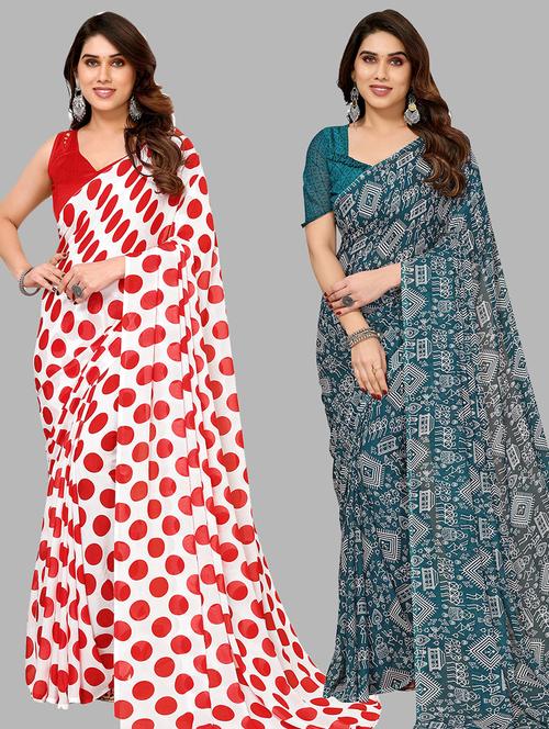pack of 2 printed casual wear sarees with blouse - 21445032 - Very Small Image - 1