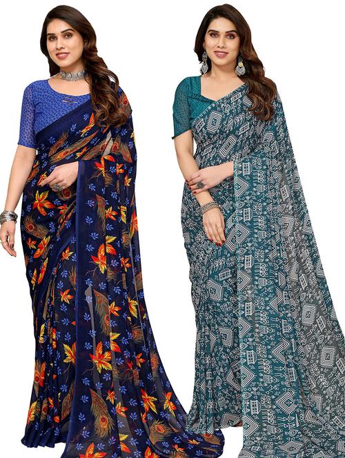 pack of 2 casual wear combo sarees with blouse - 21445094 - Very Small Image - 1