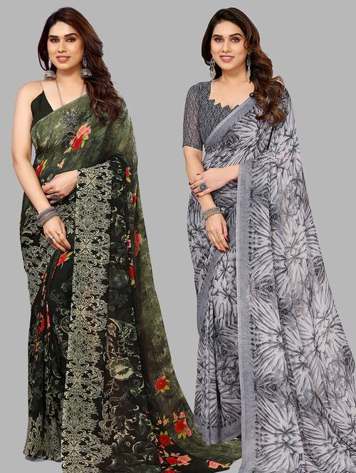 pack of 2 printed casual wear sarees with blouse - 21445134 - Very Small Image - 1