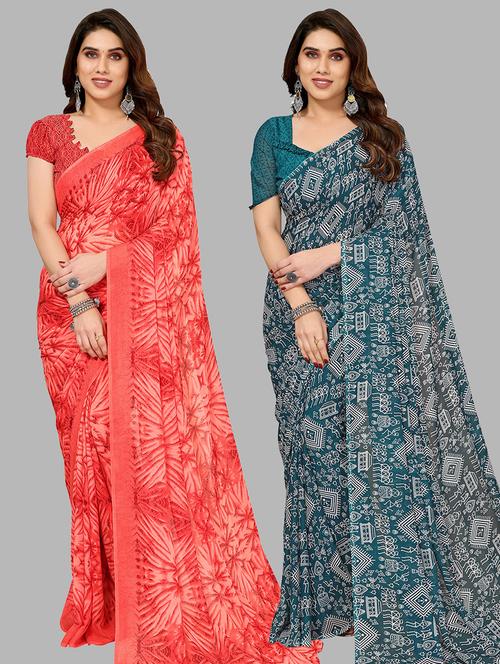 pack of 2 printed casual wear sarees with blouse - 21445142 - Very Small Image - 1