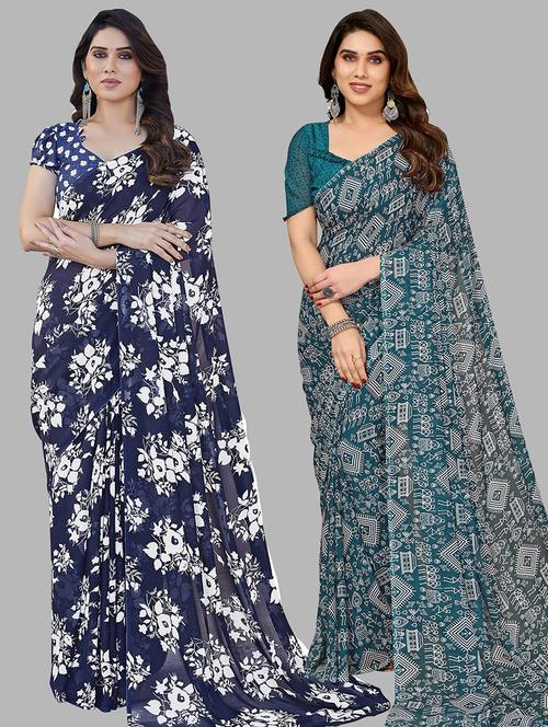 pack of 2 printed casual wear sarees with blouse - 21445145 - Very Small Image - 1