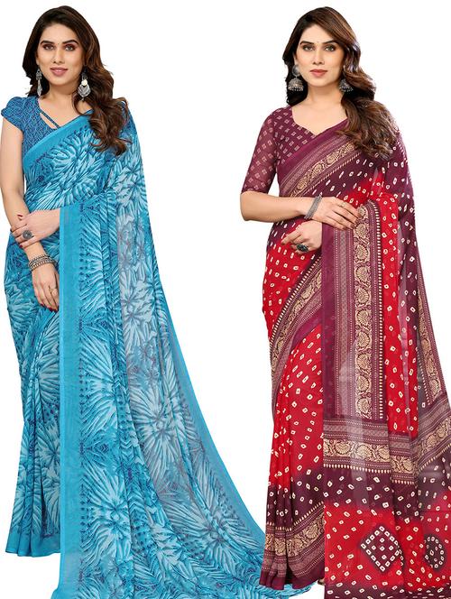 pack of 2 printed casual wear sarees with blouse - 21445165 - Very Small Image - 1