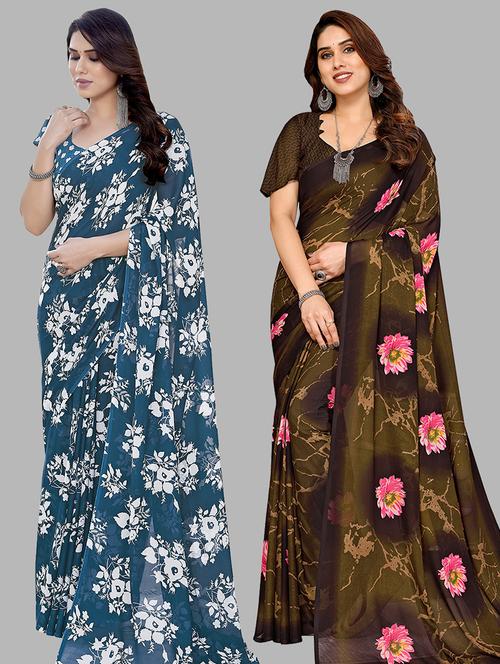 pack of 2 printed casual wear sarees with blouse - 21445173 - Very Small Image - 1