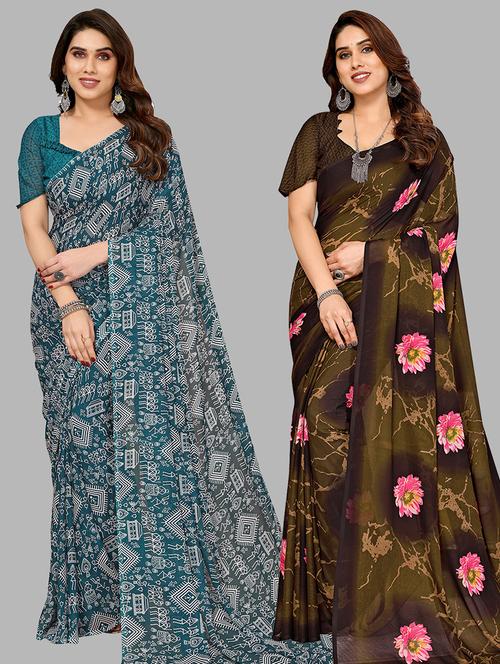 pack of 2 printed casual wear sarees with blouse - 21445182 - Very Small Image - 1