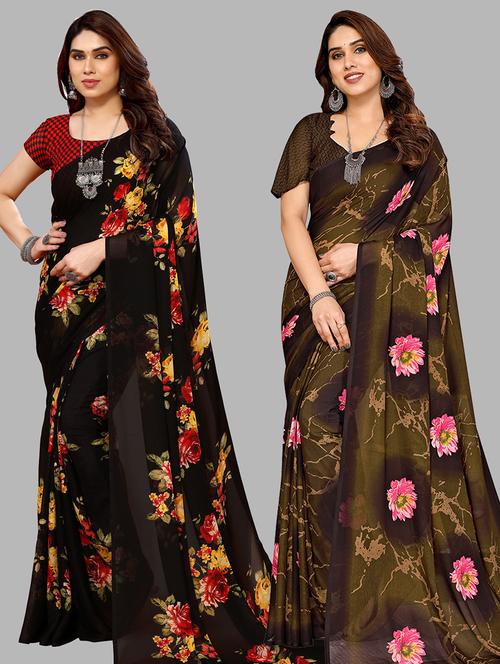 pack of 2 printed casual wear sarees with blouse - 21445183 - Very Small Image - 1