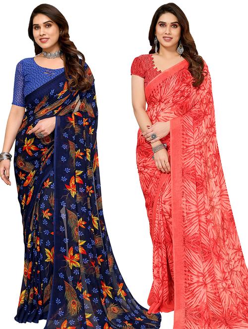 pack of 2 casual wear combo sarees with blouse - 21445357 - Very Small Image - 1