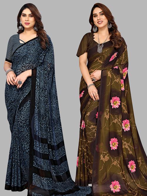 pack of 2 printed casual wear sarees with blouse - 21445390 - Very Small Image - 1