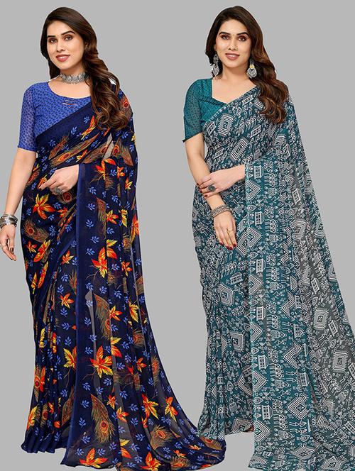 pack of 2 printed casual wear sarees with blouse - 21445645 - Very Small Image - 1