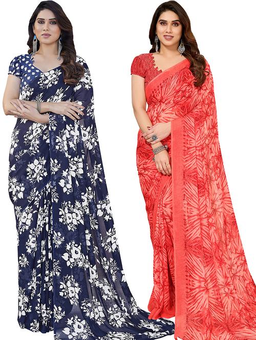 pack of 2 printed casual wear sarees with blouse - 21445669 - Very Small Image - 1