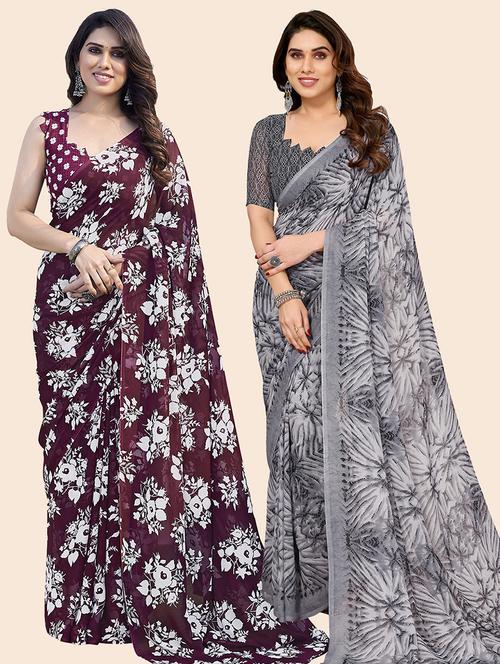 pack of 2 printed casual wear sarees with blouse - 21445788 - Very Small Image - 1