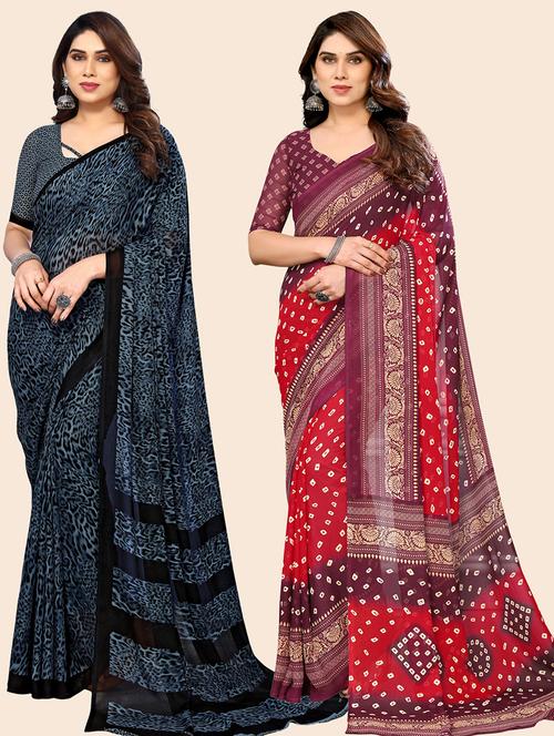 pack of 2 printed casual wear sarees with blouse - 21445834 - Very Small Image - 1