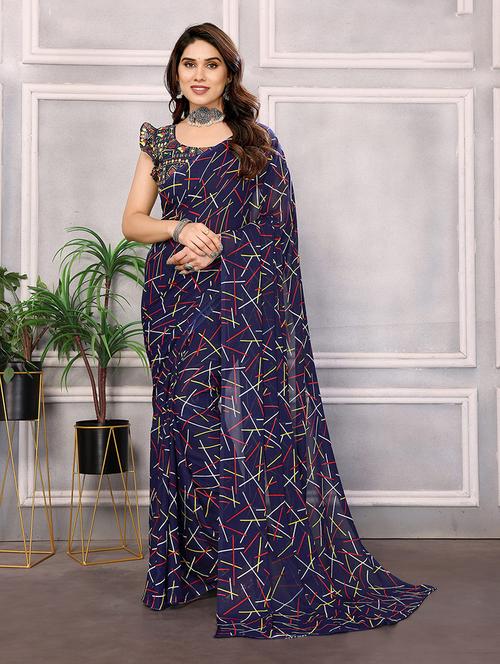 women blue printed georgette saree with blouse - 21446028 - Very Small Image - 1