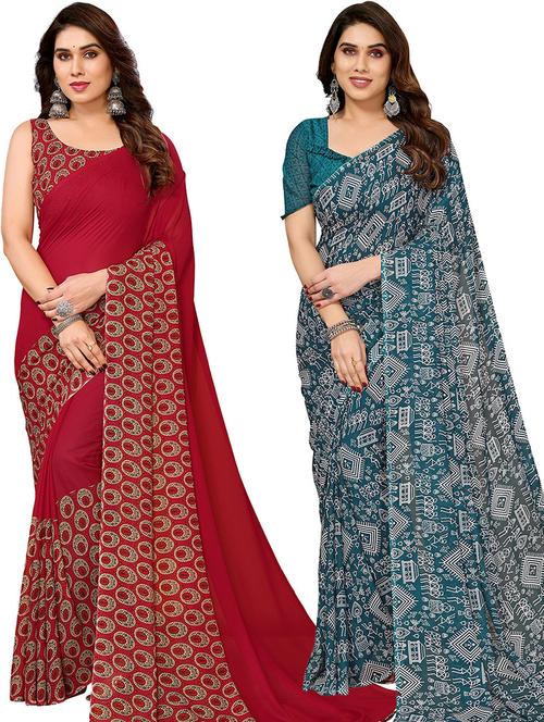pack of 2 printed casual wear sarees with blouse - 21446115 - Very Small Image - 1