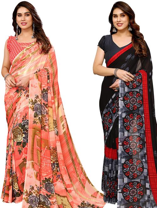 pack of 2 printed casual wear sarees with blouse - 21446337 - Very Small Image - 1