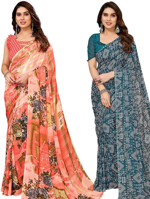 pack of 2 printed casual wear sarees with blouse - 21446363 - Very Small Image - 1