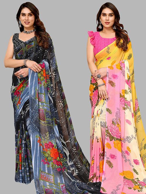 pack of 2 printed casual wear sarees with blouse - 21446449 - Very Small Image - 1