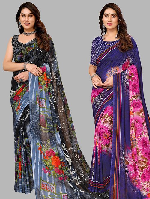 pack of 2 printed casual wear sarees with blouse - 21446452 - Very Small Image - 1
