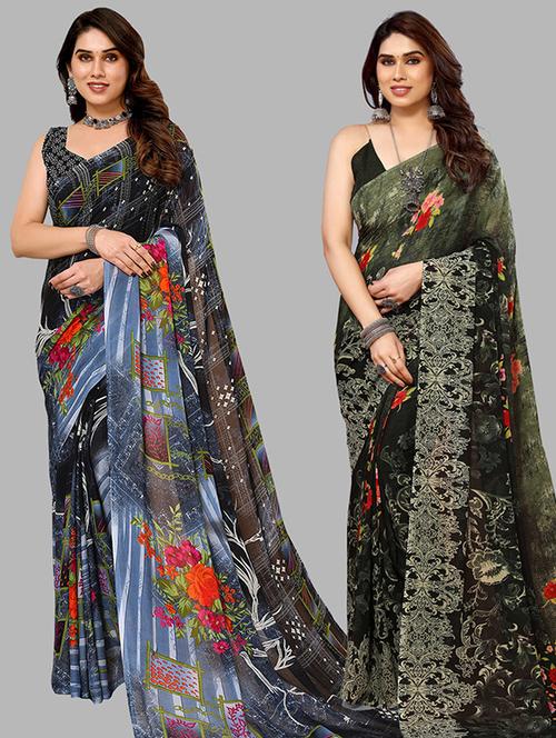 pack of 2 printed casual wear sarees with blouse - 21446463 - Very Small Image - 1