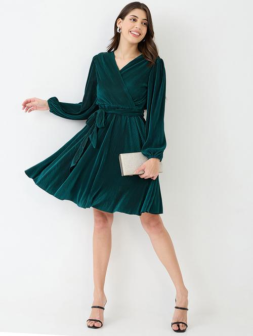 globus women green wrap neck bishop sleeves accordion pleated belted a-line dress - 21450397 - Very Small Image - 1