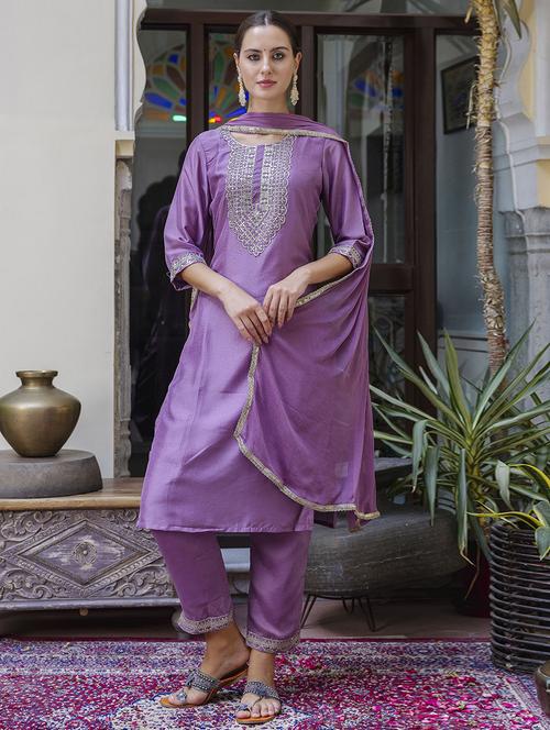 women lavender kurta pant set with dupatta - 21451078 - Very Small Image - 1
