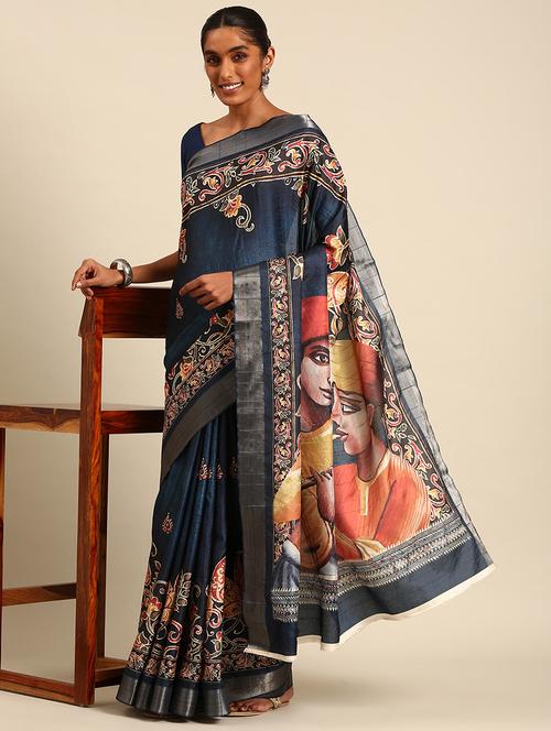 women navy blue printed nauvari saree with blouse - 21451333 - Very Small Image - 1