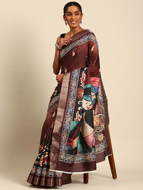 women brown printed nauvari saree with blouse - 21451342 - Very Small Image - 1