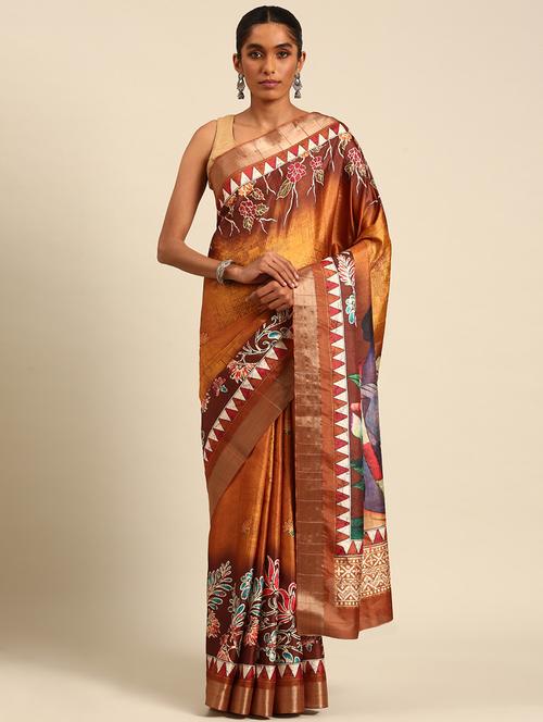 women gold printed nauvari saree with blouse - 21451347 - Very Small Image - 1